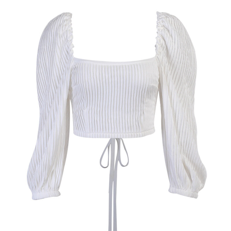 Top bandage de malha feminino, blusa de manga bufante de verão, camiseta ins de algodão com costas nuas e gola quadrada em preto e branco