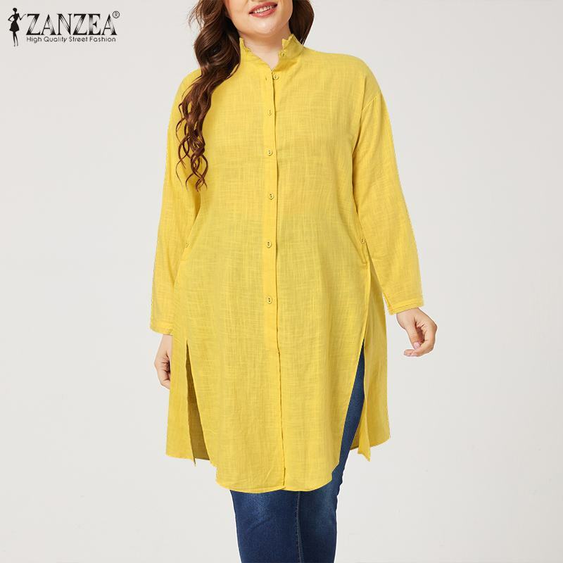 Plus rozmiar ZANZEA kobiety bluzka 2021 Vintage jesień z długim rękawem bawełniane koszule przyciski dół Blusas Casual stałe tunikowe bluzki L-5XL