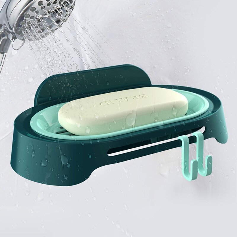 Rack de armazenamento de sabão perfurador-livre do banheiro com gancho móvel fixado na parede auto-adesivo sabão dreno prato caixa de sabão banho bola cabide 1pc