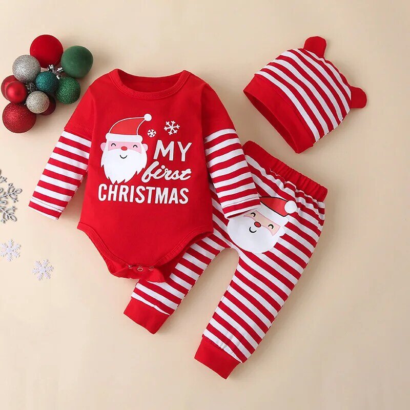 Set Pakaian Bayi Perempuan Baru Lahir 3 Buah Baju Natal Pertama Saya Baju Monyet Natal Anak Laki-laki + Topi + Celana Setelan Baju Monyet Bayi Tahun Baru Ropa De Bebe