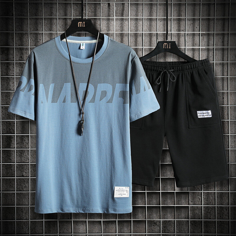 Conjunto de ropa deportiva para hombre, camiseta de manga corta con estampado de letras, estilo Harajuku, informal, 2 piezas, verano, 2021