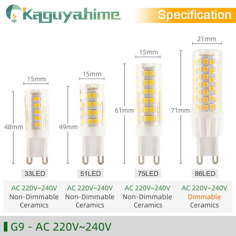 Kaguyahime 5 sztuk/partia żarówka LED G9 G4 E14 ściemnialna żarówka 3w 5w 9w AC 220V DC 12V SMD2835 COB G4 LED G9 lampa wymienić Halogen