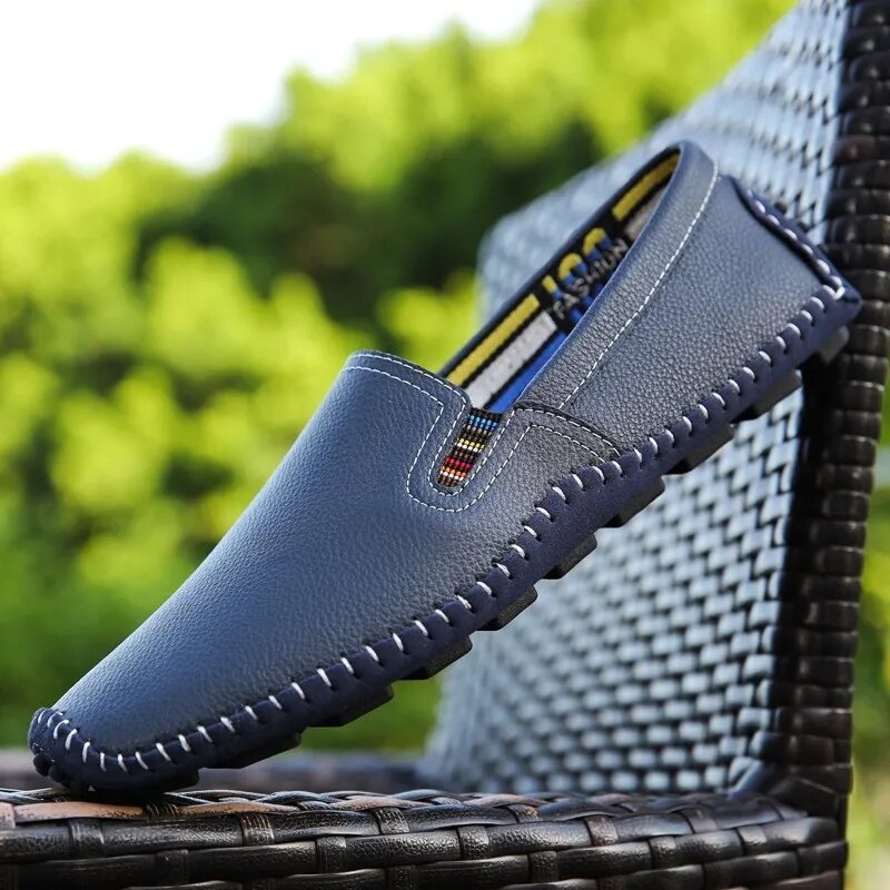 Zapatos de verano hechos a mano para hombre, mocasines de cuero genuino, informales, planos, suaves, de goma, de alta calidad
