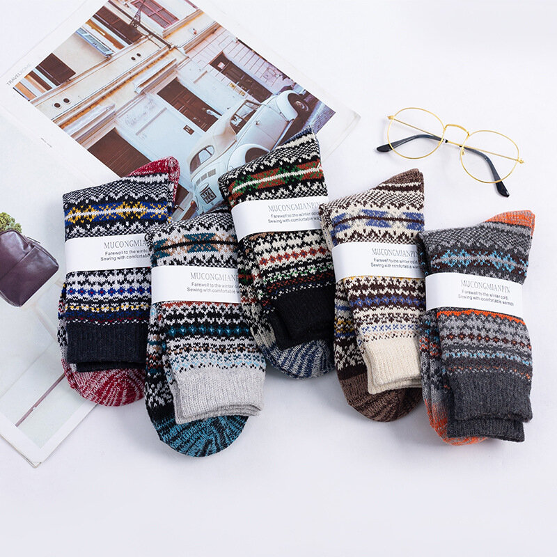 Chaussettes en laine épaisses et chaudes pour homme, lot de 5 paires, colorées, Vintage, cadeau de noël, taille gratuite, nouvelle collection hiver, ZB6031