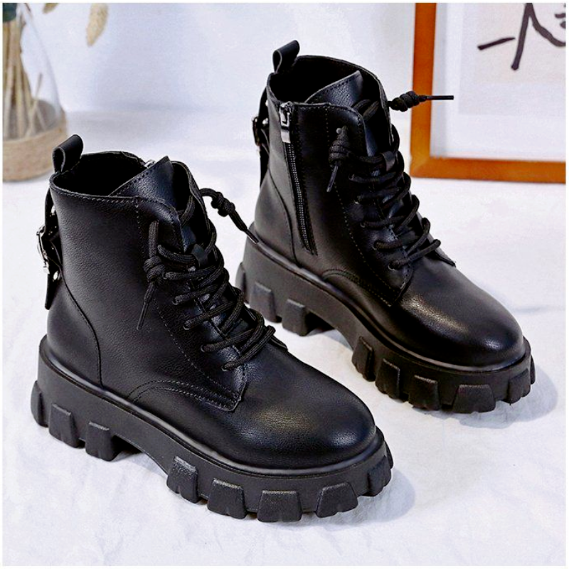 2021 Women's Autumn New Thick-soled Martin Boots Round Toe Patent Leather Lace-up Zipper Motorcycle Boots All-match Ankle Boots