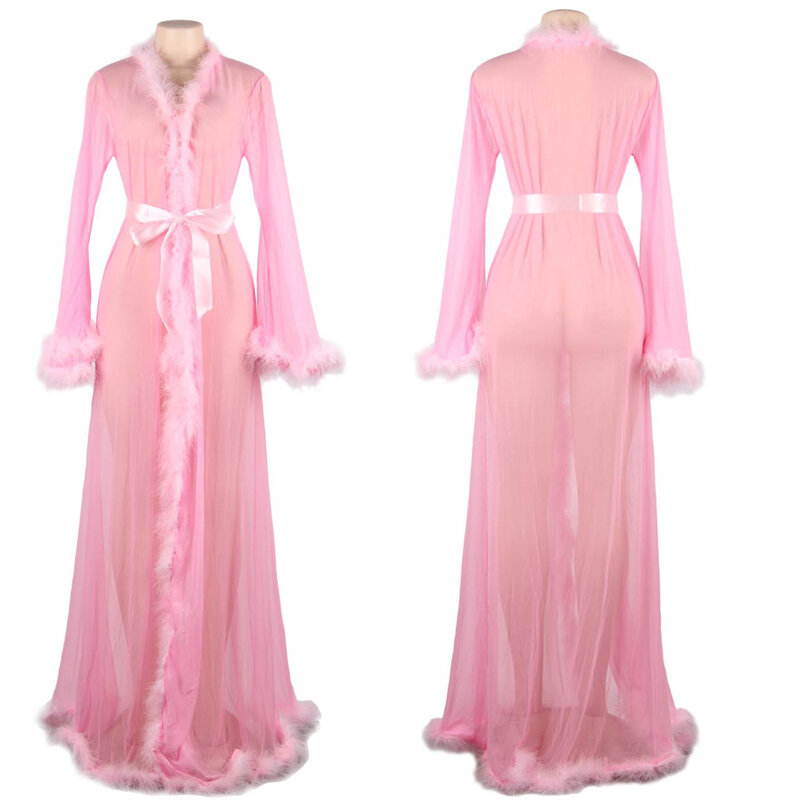 Comeonlover Lace Long Sleepwear Gown Full Sleeves Robe Chemise Dress Silk Belt Perspective Sexy Women Erotic Feathers Nightgown