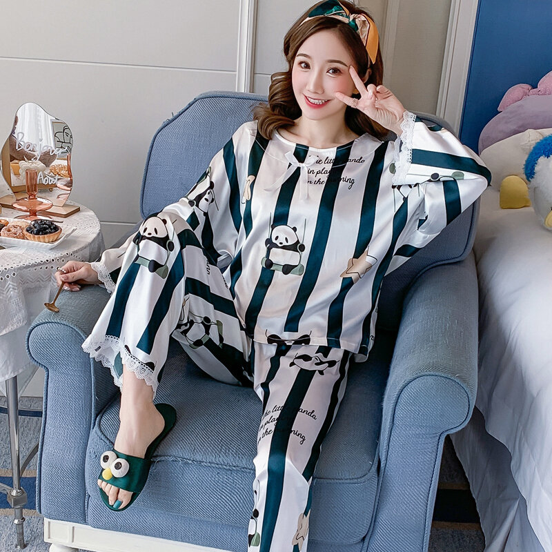 Plus Größe Frauen Nachtwäsche Nachgeahmte Seide Stoff Pyjamas Frühling Pyjama Set Lose Version Pullover Nighty Prinzessin Stil