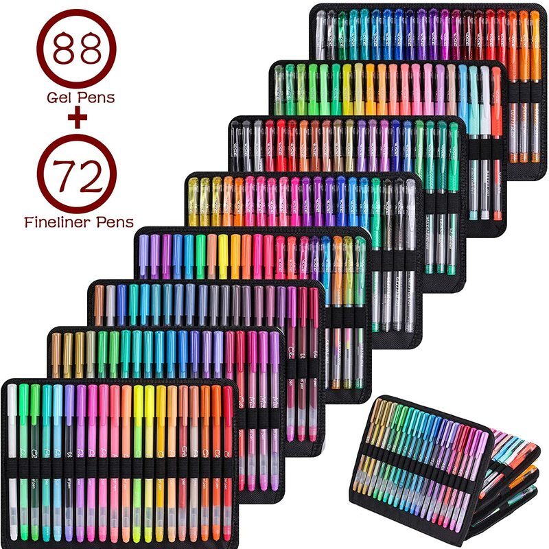 ZSCM – lot de 160 stylos à Gel, fournitures d'art pour adultes, livres de coloriage, 88 marqueurs métalliques néon à paillettes, 72 stylos Fineliner à pointe Fine