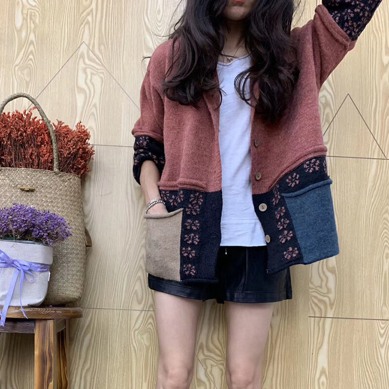 한국 스타일 빈티지 패치워크 대비 색상 긴 소매 슬림 핏 후드 니트 포켓 스웨터, 봄 가을 패션 브랜드