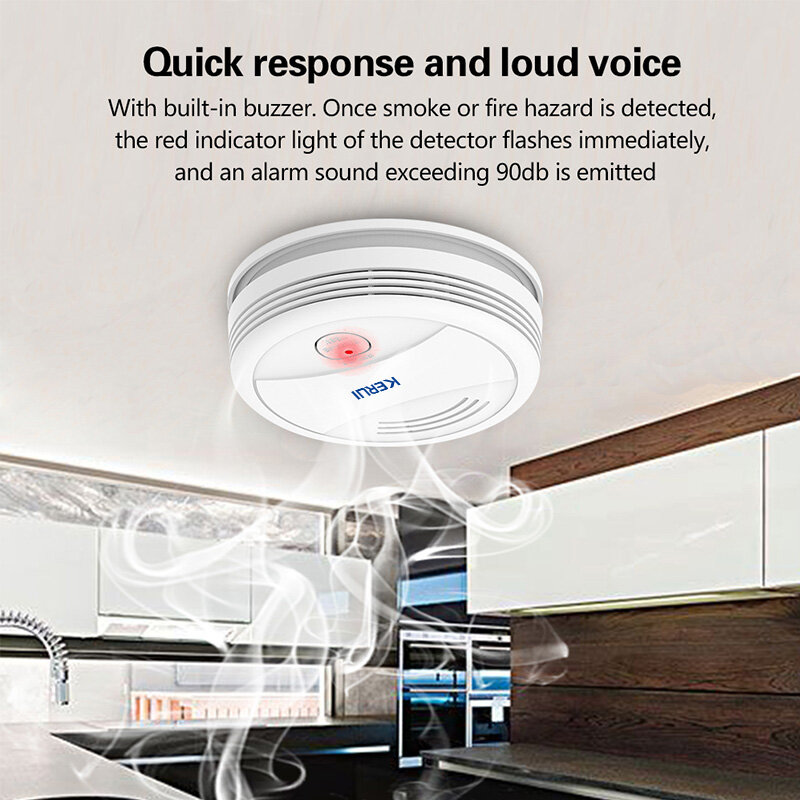 Kerui sem fio detector de fumaça em casa 80db sensores bombeiros proteção contra incêndio loja casa sistema alarme segurança