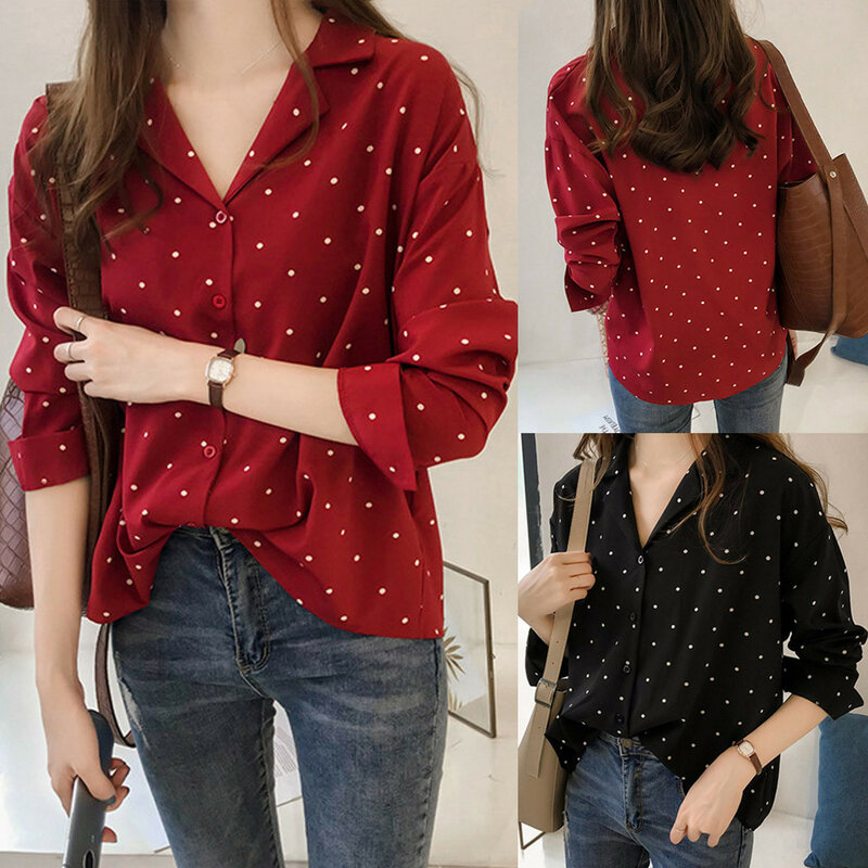 Mode Vrouw Shirt Vonda Casual Lange Mouw Polka Dot Turn-Down Kraag Casual Tops Knop Shirts Blusa Mujer Рубашка женская