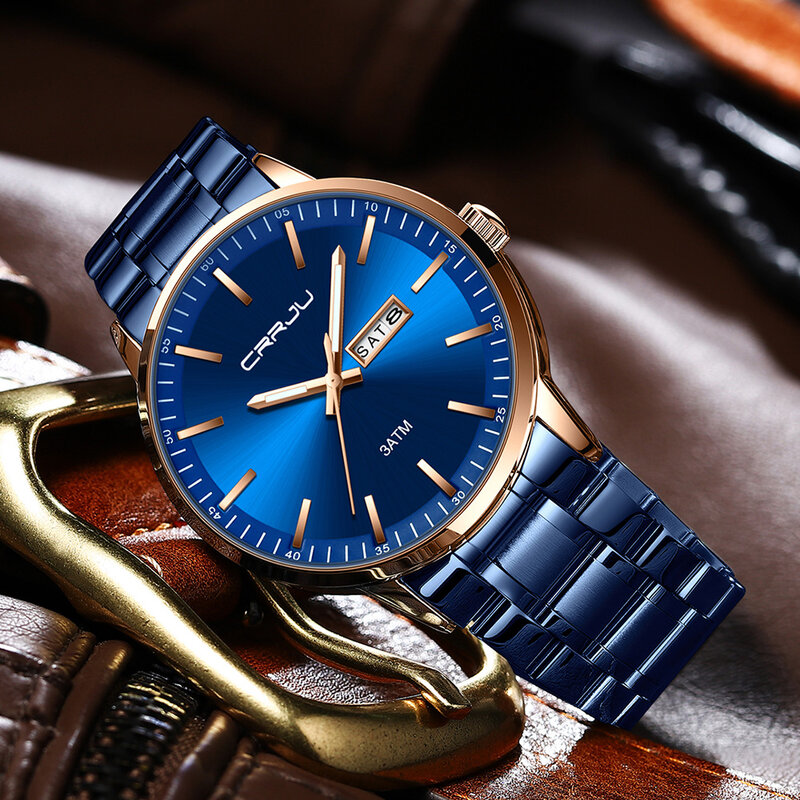 CRRJU 2021 شعبية مقاوم للماء ساعة رجالية موضة الأعمال التقويم الأزرق الفولاذ المقاوم للصدأ ساعة كوارتز