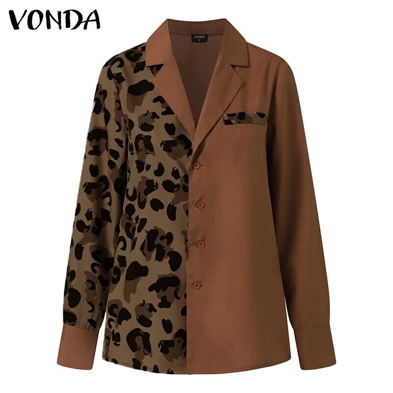 VONDA-Blusa informal con estampado de leopardo para mujer, camisa de retazos con cuello de solapa para fiesta, estilo bohemio, 2021