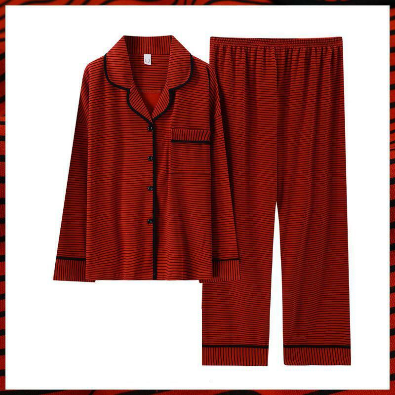 Gestreepte Vrouwen Button Pyjama Suits 2 Stuks Volledige Mouw Pyjama Vest V-hals Nachtkleding Klassieke Elastische Taille Nachtkleding Homewear