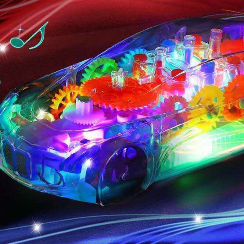 H7JB 전기 장난감 자동차 유니버설 기어 기계 개념 다채로운 빛 음악 만화 투명 장난감 자동차
