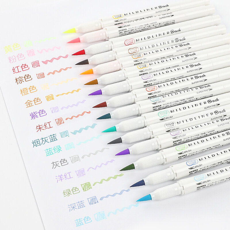 Japonês zebra wft8 15 cor conjunto mildliner macio escova caneta dupla-headed forro suave marcador marcador caneta escola arte suprimentos