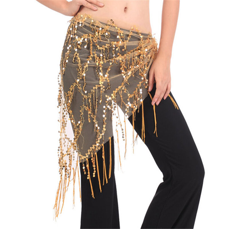 Novo traje de dança do ventre hip scarfs triângulo tribal borla cinto lantejoulas ouro dança 7644 1