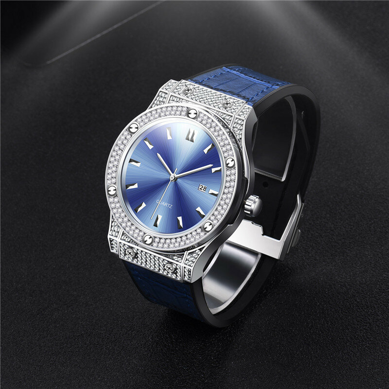 Homens relógios de diamante marca superior luxo moda negócios militar quartzo relógio de pulso à prova dwaterproof água masculino azul relógio relogio masculino