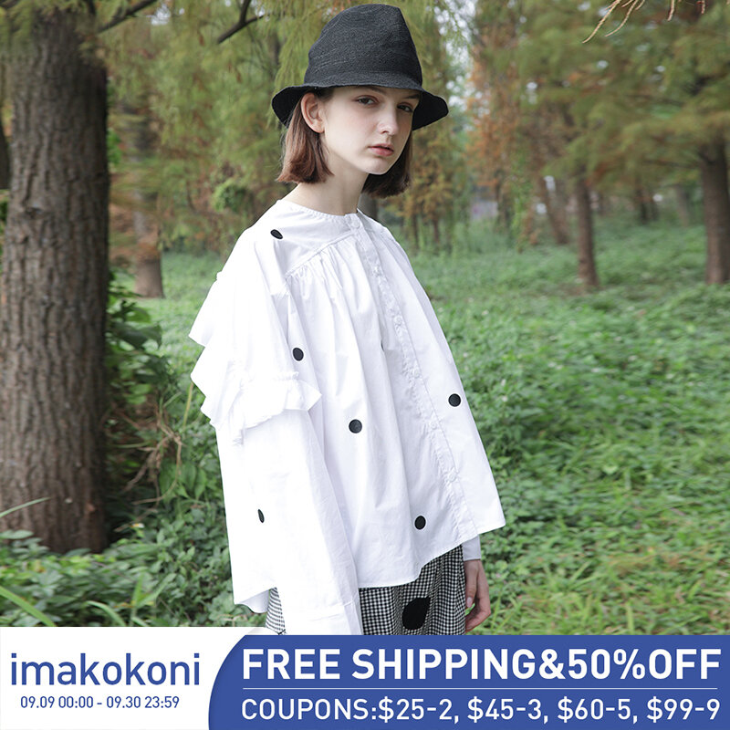 Imakokoni biała polka dot koszula z długimi rękawami oryginalny design haft student luźny top kobieta jesień 172261