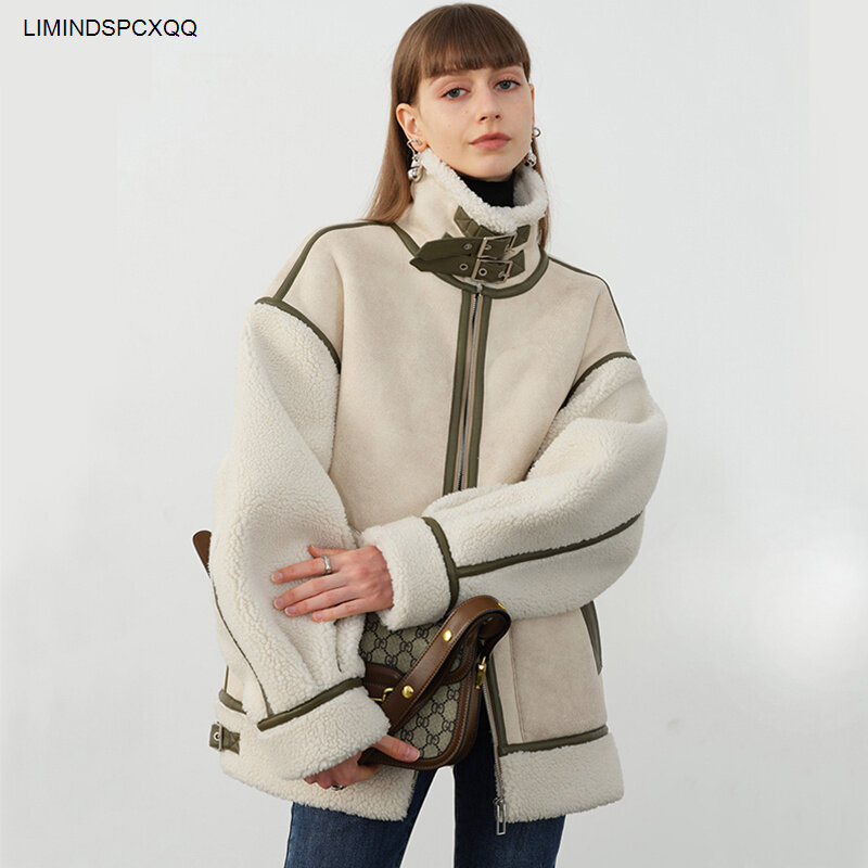 Jaqueta de cordeiro para mulheres, lã de cordeiro falso, casaco de couro solto, gola de pele quente e grossa, colarinho, inverno