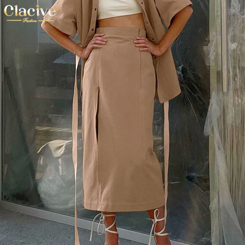 Clacive Herfst Solid Hoge Taille Sexy Split Rits Lange Rok Vrouwen Streetwear Schede Mid-Kalf Fashion Bodycon Dames Rok