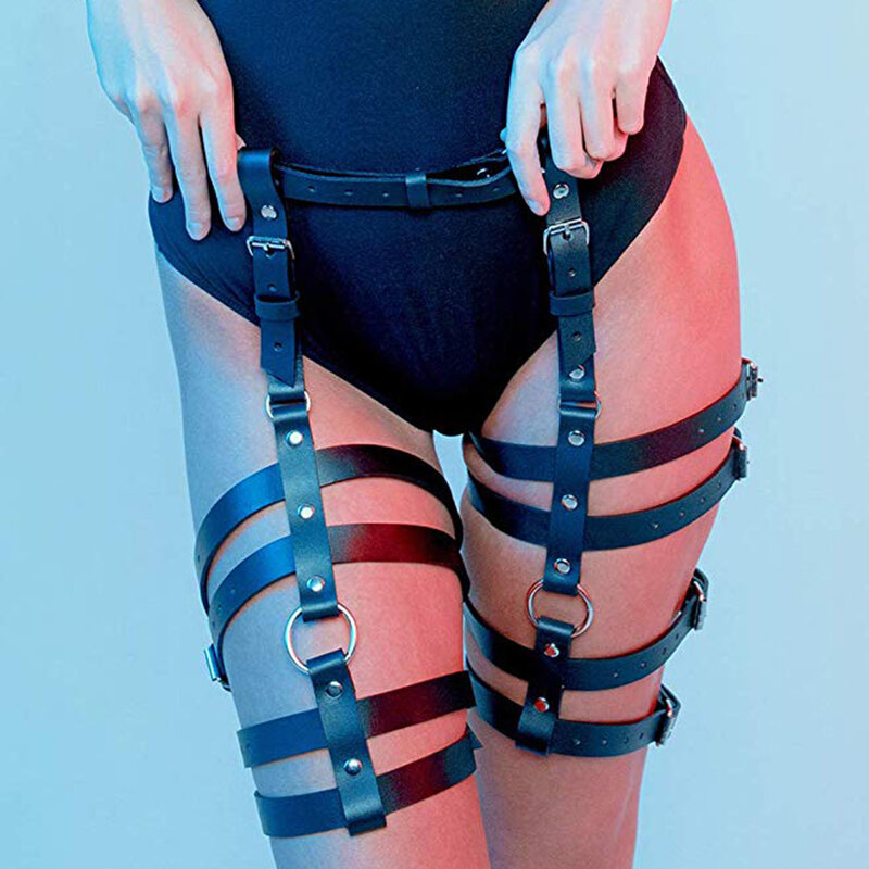 Europeo y americano de las mujeres de cuero de imitación pierna arnés de bondage para muslos funda Liga cintura cinturón de anillo trajes de Club Harajuku cinturón
