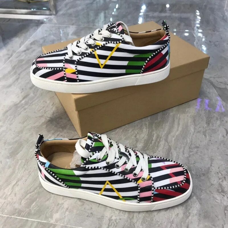 Luxury brand Men's sneakers Striped Lace-Up Cow Leather Casual Shoes Man Fashion Trend Trainers Cool Red bottom shoes for men