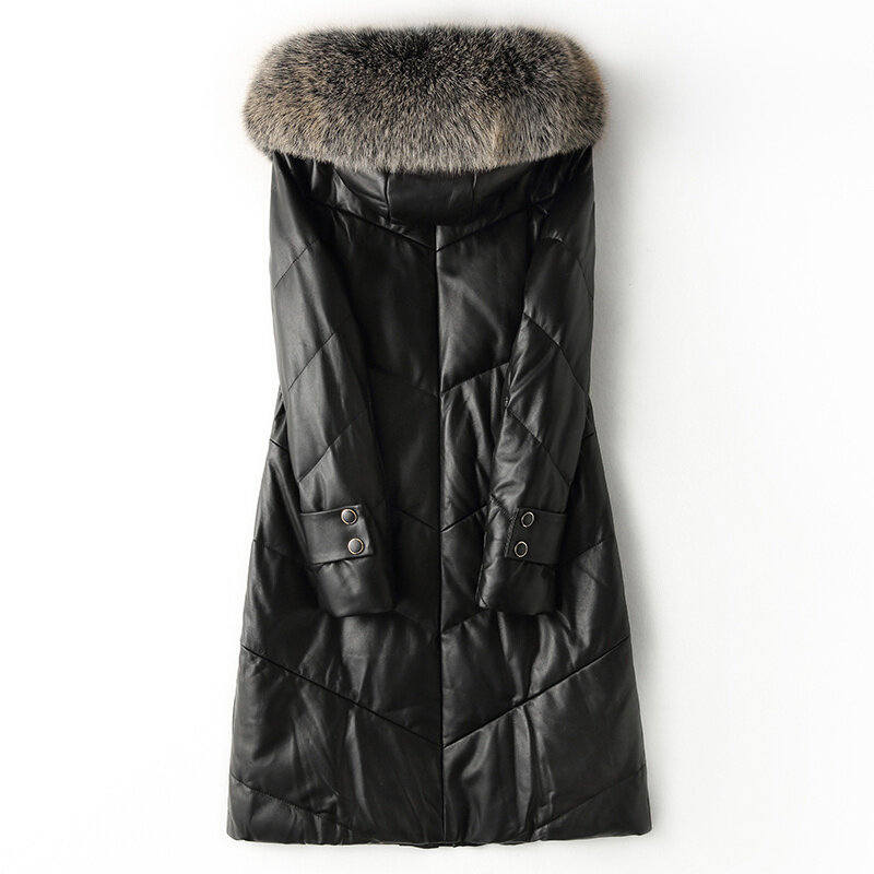 Genuine female elegant leather jacket with a fox fur collar, long jacket with a hood, warm winter, slim, black, mostly plus size