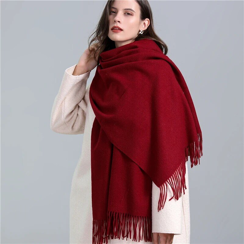 2022 jednolity, gruby kaszmirowy szalik kobiety duże 190*68cm Pashmina zima ciepły szal okłady Bufanda kobieta z pomponem szaliki Echarpe