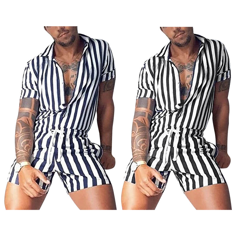 Casual masculino macacão de manga curta verão moda turn-down stripe único breasted 1 peça calças curtas s/m/l/xl/2xl/3xl