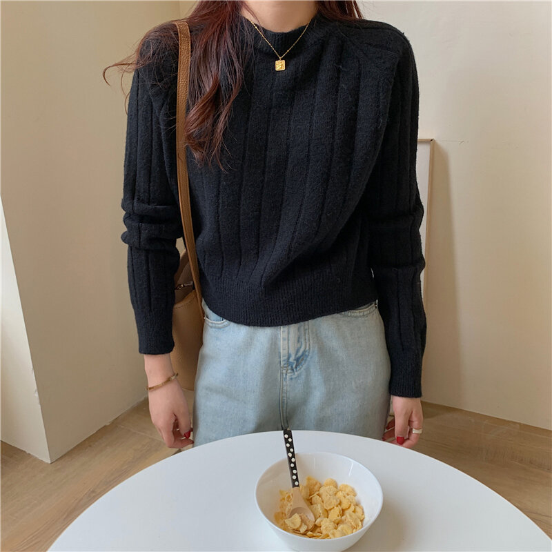 Wanita Sweater Tops Pullovers Manis Retro Chic O-Leher Rajutan Padat Anggun Longgar 2020 Baru Musim Gugur Kasual