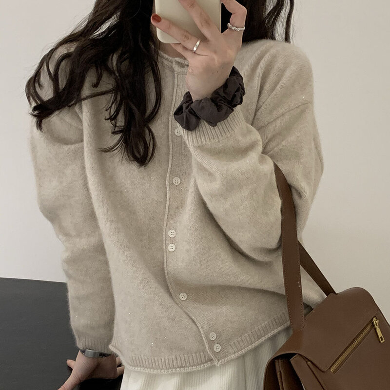 2021 여성 뜨개질 스웨터 라운드 넥 긴 소매 한국 패션 따뜻한 가을 겨울 캐주얼 단순 싱글 브레스트