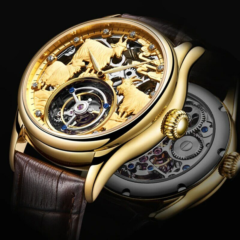 Goat Carved Men's Mechanical Watch Hollow Tourbillon 2021 New Leather Watch Men Luxury Clock Mechanical Watch Free Exquisite Box