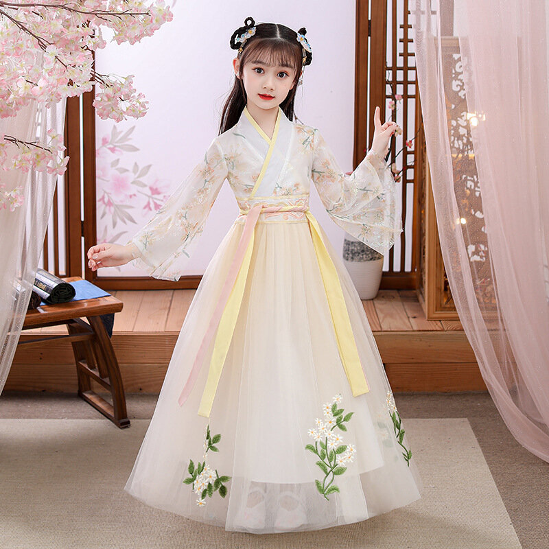 Hanfu-vestido de malla con puños grandes para niña, disfraz étnico, falda