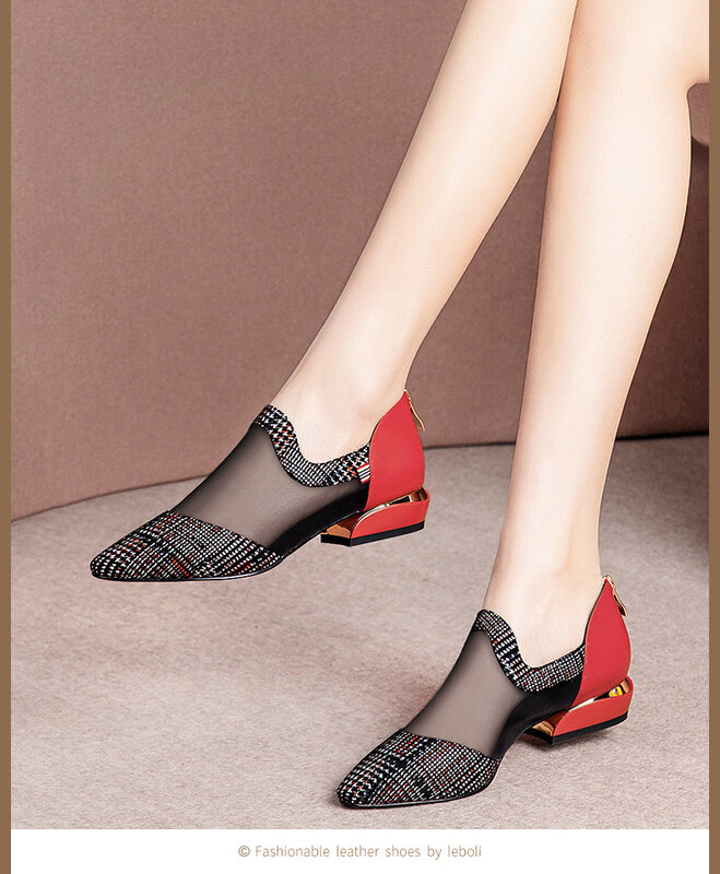 Zapatos de tacón alto con cremallera para mujer, sandalias de vestir con punta puntiaguda y malla transpirable, calzado de verano, 627