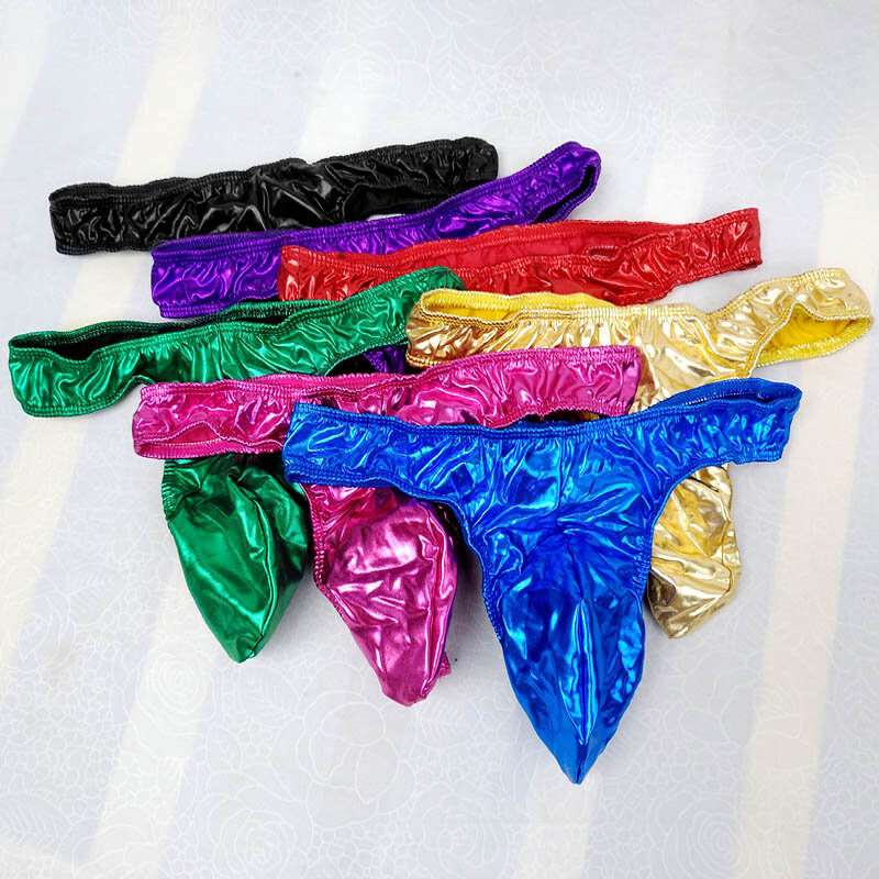 Shiny Mens Lingerie Gay Underwear Thong Wet Look Faux Leather Panties Low Rise G-string With Penis Pouch Men Bikini Bulge pouch