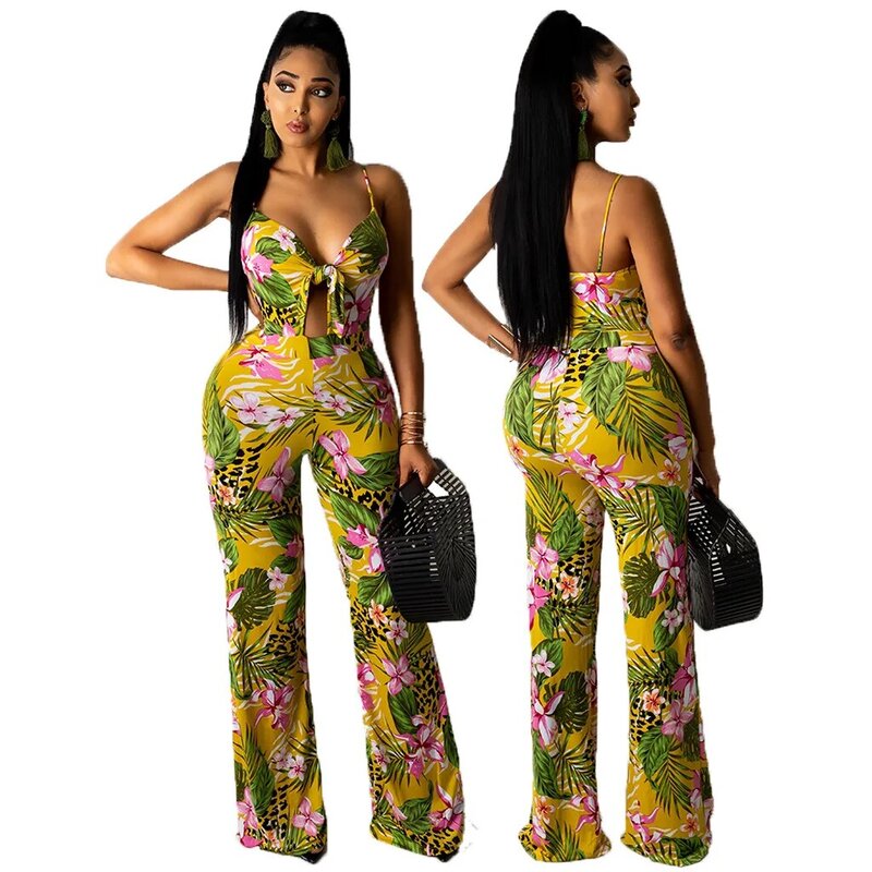 2022 Zomer Vrouwen Jumpsuit Print Mouwloze Strap V-hals Bandage Hollow Out Elastische Wijde Pijpen Jumpsuits Sexy Mode Outfit