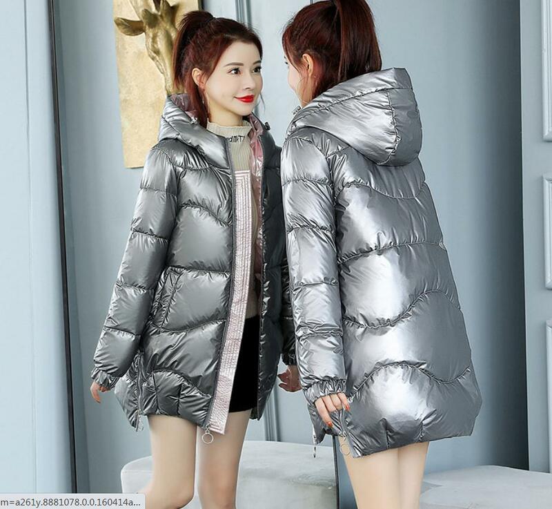 Casacos almofadados de algodão brilhantes, jaquetas com capuz seção longa da moda, parcas femininas de tamanho grande k1394 para inverno e outono