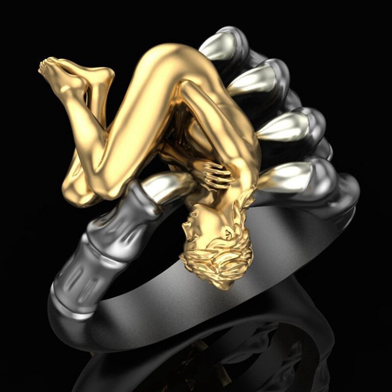 Gothic Punk Hand Bone Paw Ring Men Hip Hop Two-color Gold Metal Naked Girl Vintage Rings Party Accessories