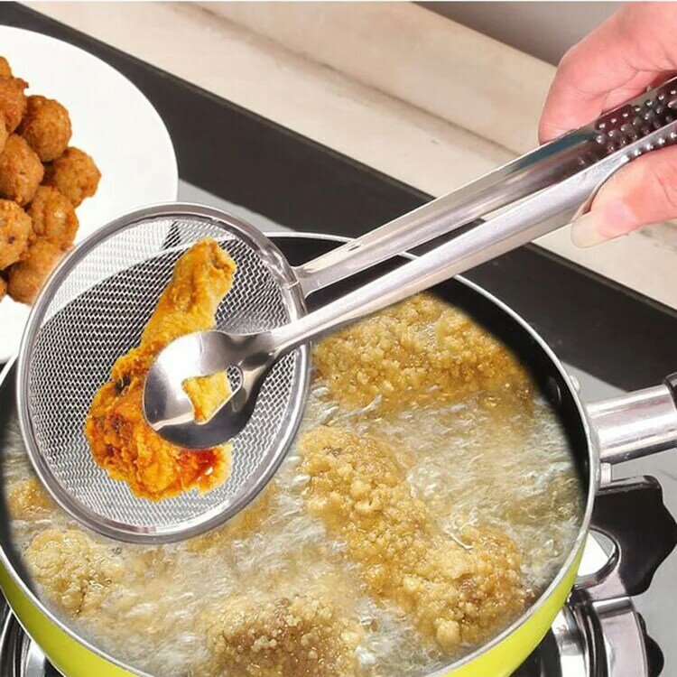 Portátil Multi-funcional de la cuchara con filtro y pinza cocina aceite de freír filtro BBQ de abrazadera de acero inoxidable colador cocina herramienta