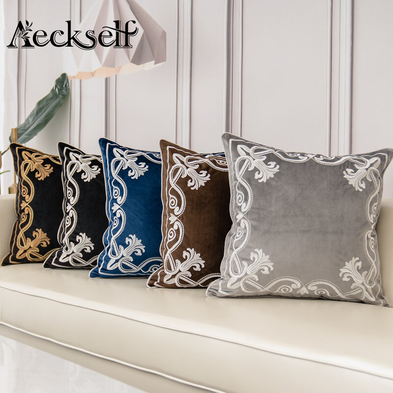 Aeck-ネイビーブルー,ブラウン,グレーの花が刺繍された高級ベルベットクッションカバー,枕カバー