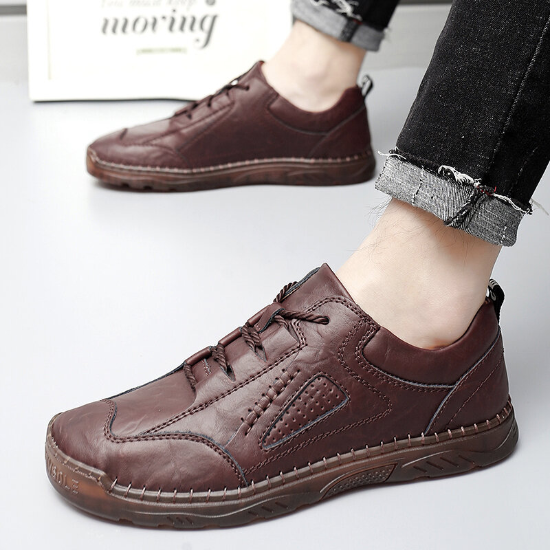2021 Men Leather Shoes Outdoor Lace Up Driving Shoes Classic Moccasins Loafers Fashion Lightweight Soft Casual Shoes Big Size 47