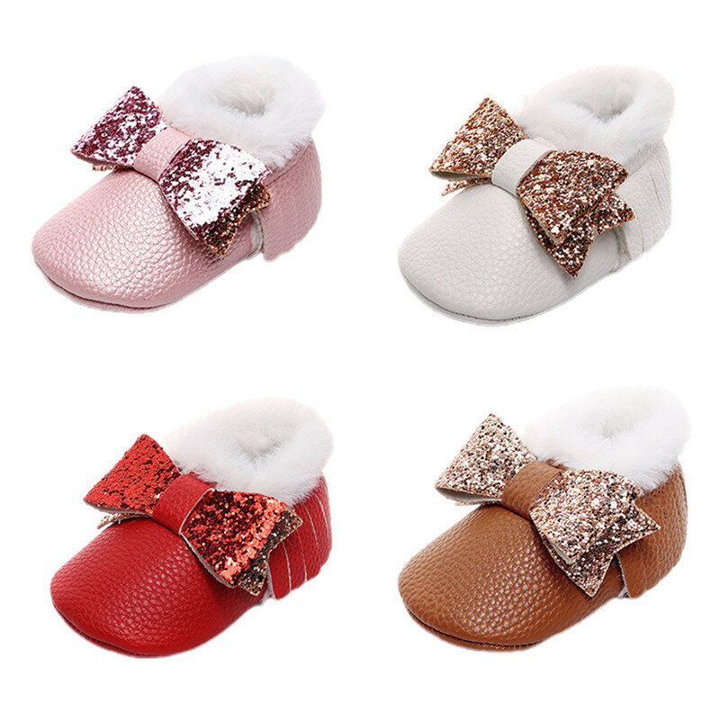 Gadis Mengkilap Busur Musim Dingin Bayi Sepatu Mewah Rumbai Hangat Gadis Anak Laki-laki Sepatu Bulu Beludru untuk Bayi Musim Dingin Sepatu