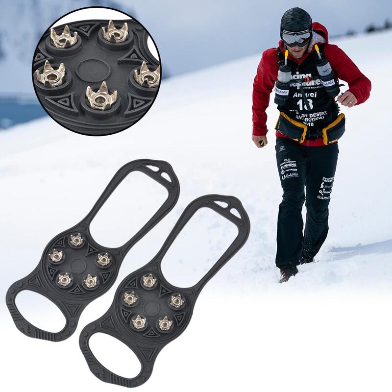 1 Pasang Gripper Es Anti Selip 5 Gigi Studs Aman Hiking Ski Mendaki Crampon Universal Luar Ruangan Sepatu Salju Berjalan Grip Paku