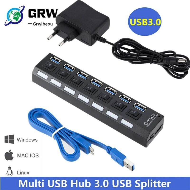 USB 3.0 Hub USB Hub 3.0 USB Splitter 3 Hab ใช้อะแดปเตอร์ไฟ7พอร์ตหลาย Expander 3.0 USB3 hub พร้อมสวิทช์สำหรับ PC