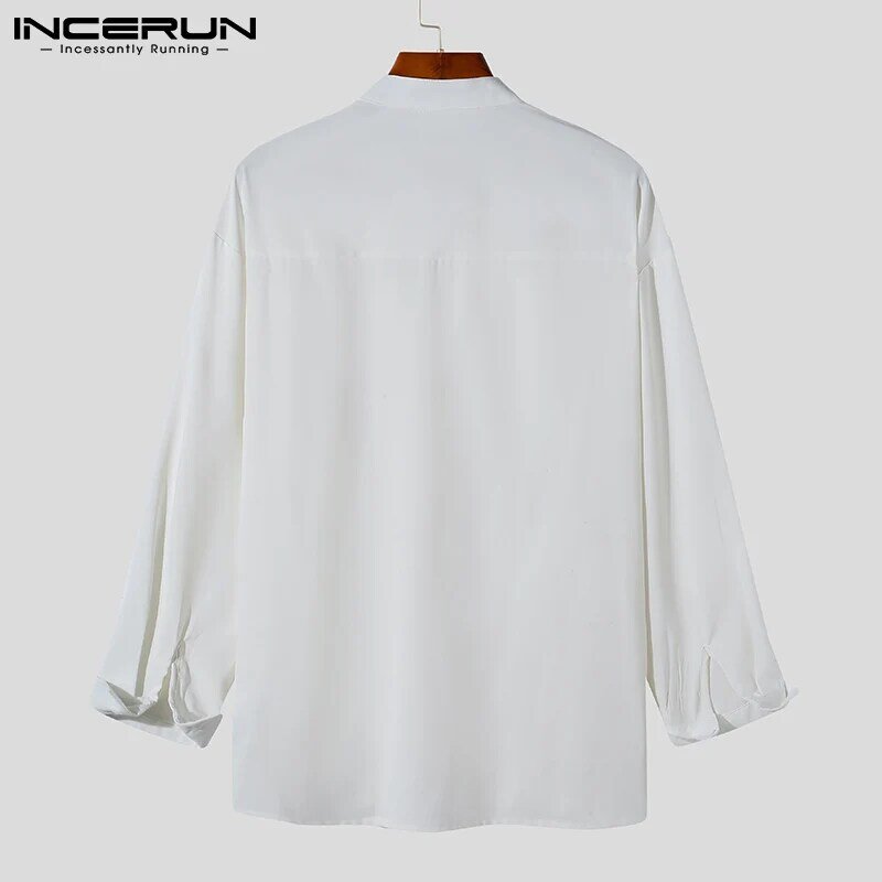 INCERUN topy 2021 Fashion Casual Style męska jednokolorowa bluza z długim rękawem zapinana na wszystkie mecze proste wygodne garnitury koszule S-5XL