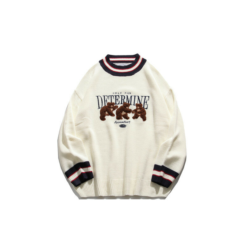 Dropshipping niedźwiedź Patchwork w paski swetry swetry z dzianiny Streetwear Hip Hop Harajuku luźny pulower dzianiny męskie stylowe topy