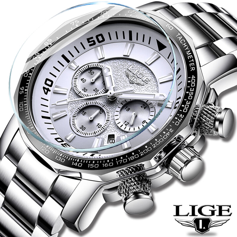 LIGE-Reloj analógico de acero inoxidable para Hombre, accesorio de pulsera de cuarzo resistente al agua con calendario, complemento masculino deportivo de marca de lujo con diseño militar, disponible en color blanco y plateado