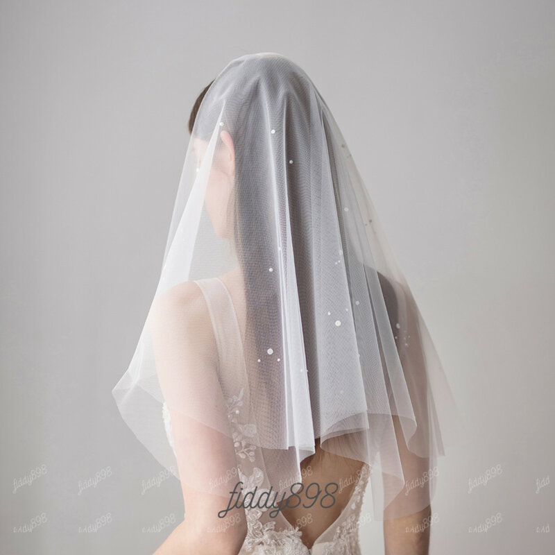 Velo de novia de dos capas, velo de tul corto con perlas elegantes, accesorios de boda, 2020