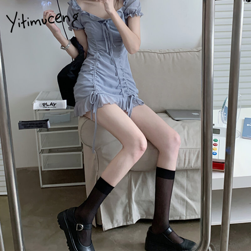 Yitimuceng-Vestido corto de gasa con cuello cuadrado para mujer, vestido veraniego de estilo coreano a la moda, color azul liso, 2021
